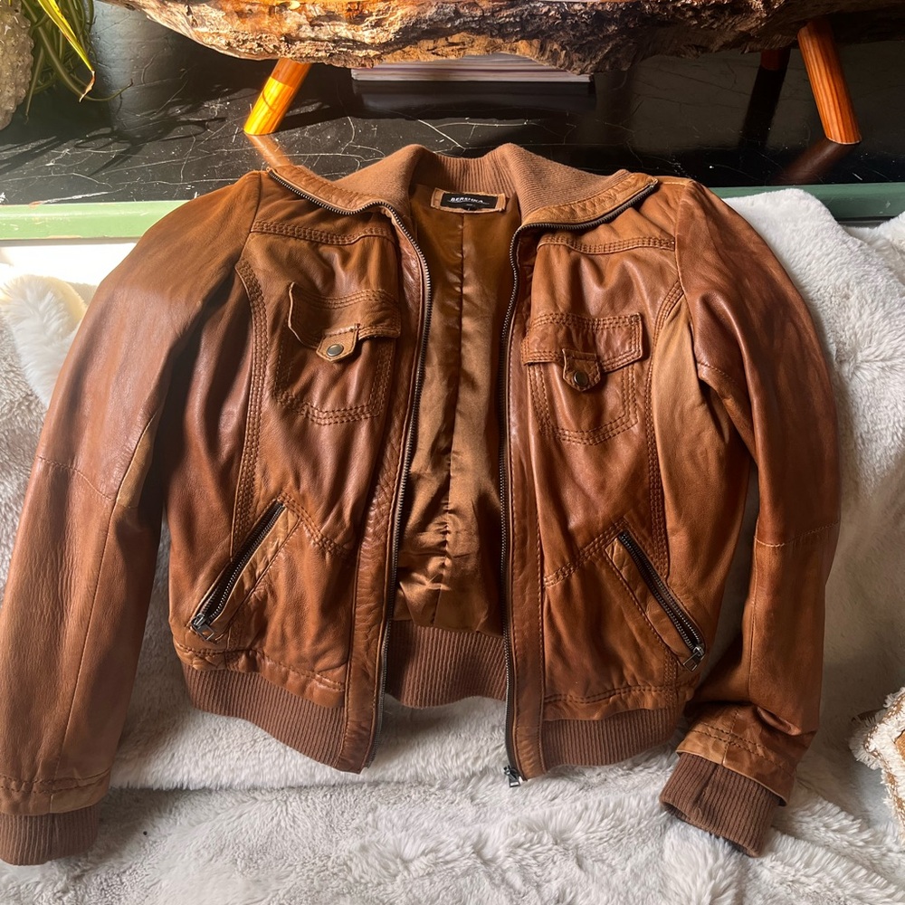 Bershka Tan Leather Bomber Jacket